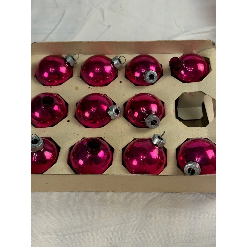 Vintage Coby Glass Christmas Tree Ornaments Pink Magenta Set of 11 USA Made